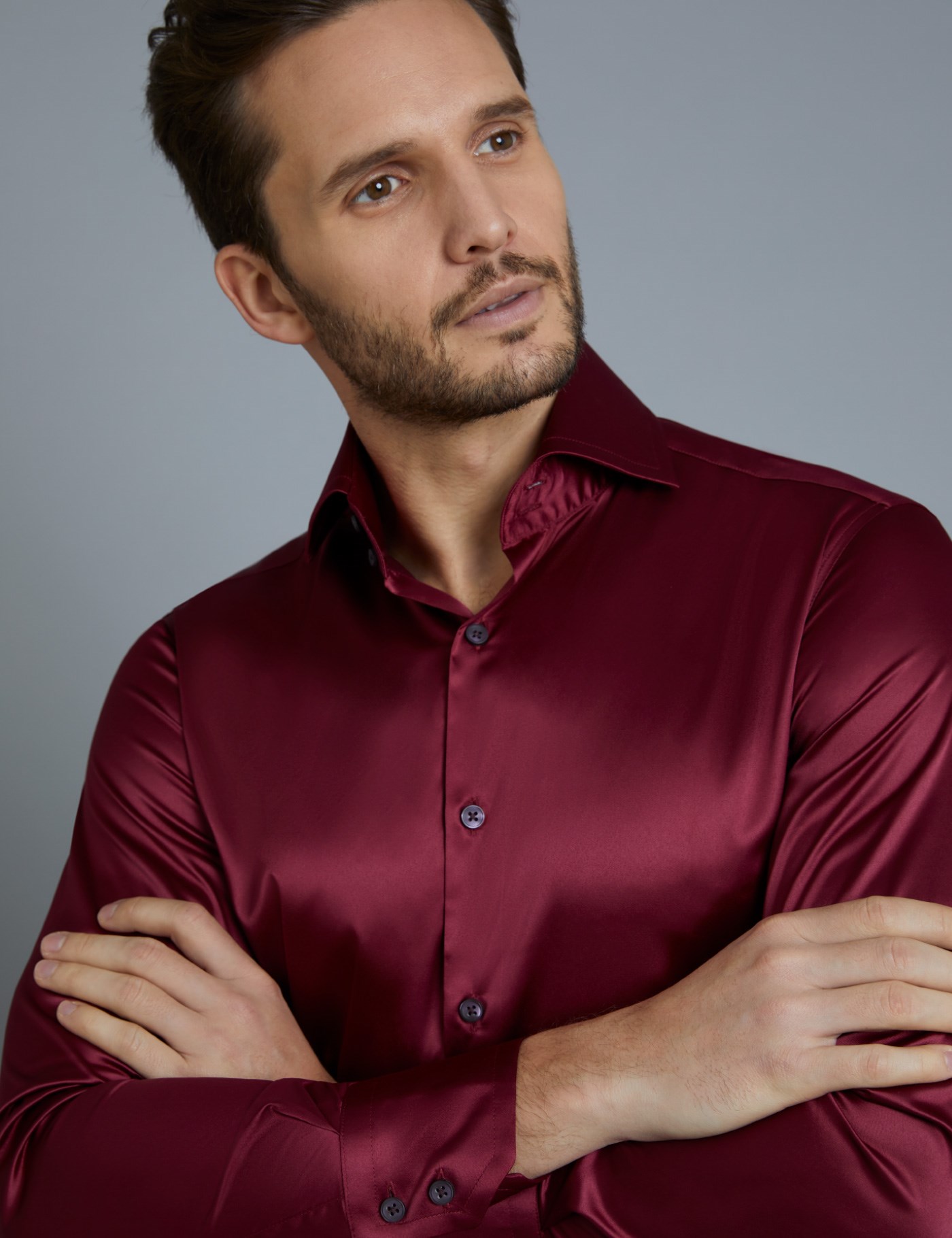 Men's Curtis Burgundy Satin Slim Fit Shirt - High Collar - Single Cuff ...