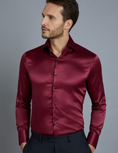 Men's Curtis Burgundy Satin Slim Fit Shirt - High Collar - Single Cuff ...