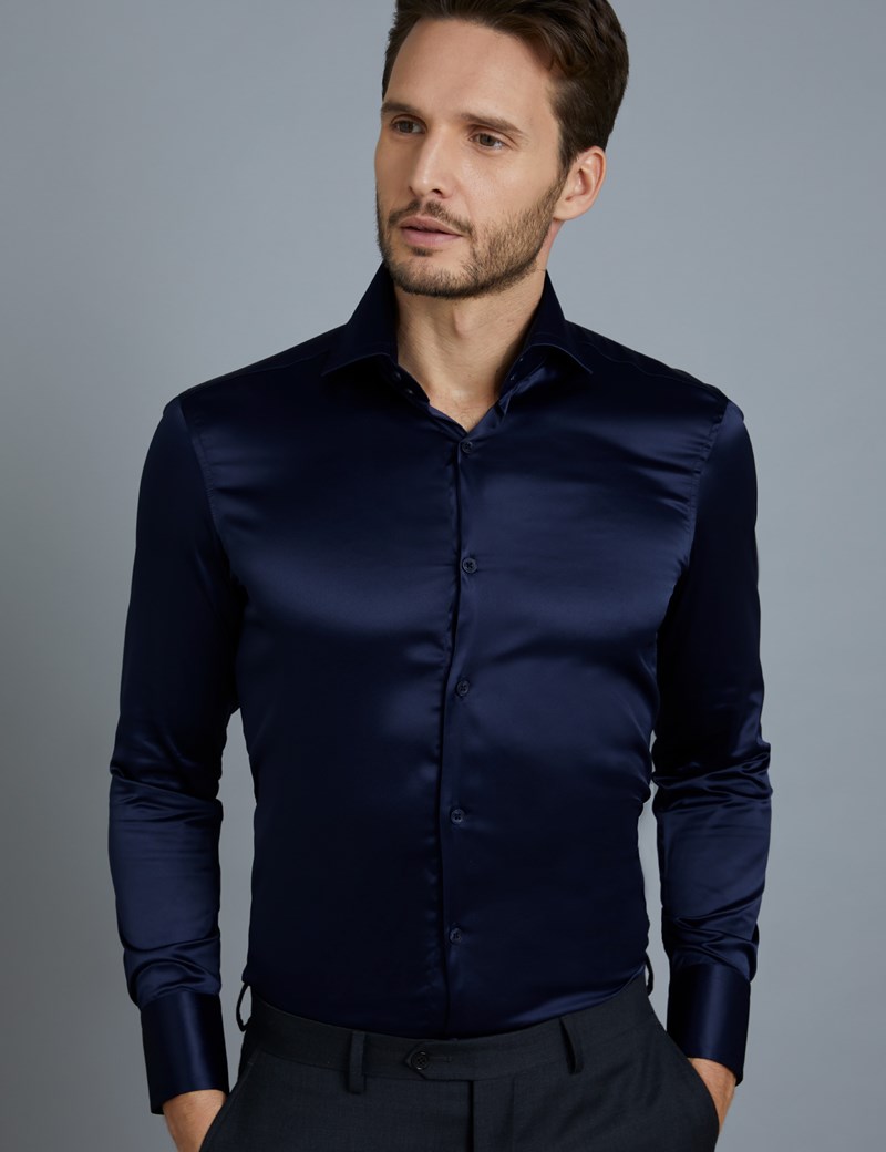 Men's Curtis Navy Satin Slim Fit Shirt - High Collar - Single Cuff ...