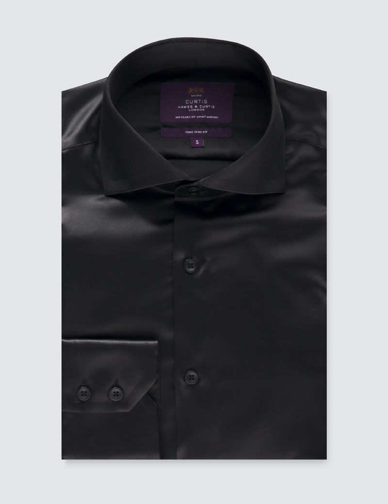 Men's Curtis Black Satin Slim Fit Shirt - High Collar - Single Cuff ...