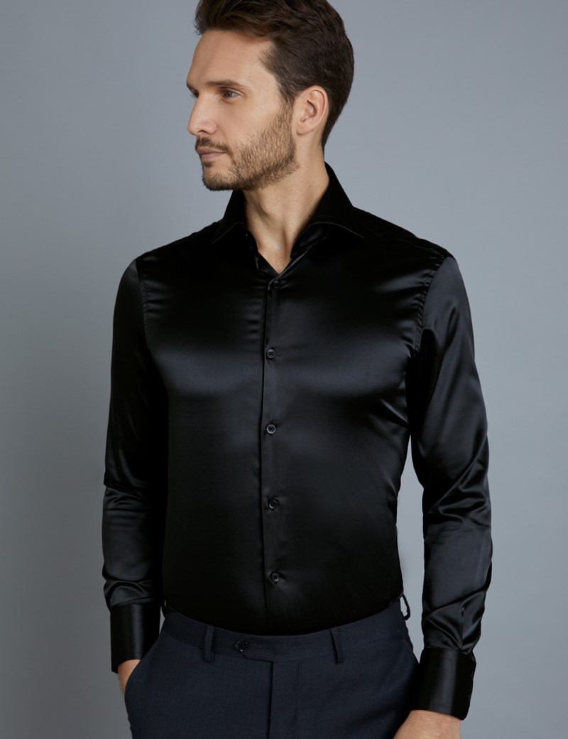 Men&amp;#39;s Curtis Black Satin Slim Fit Shirt - High Collar - Single Cuff ...