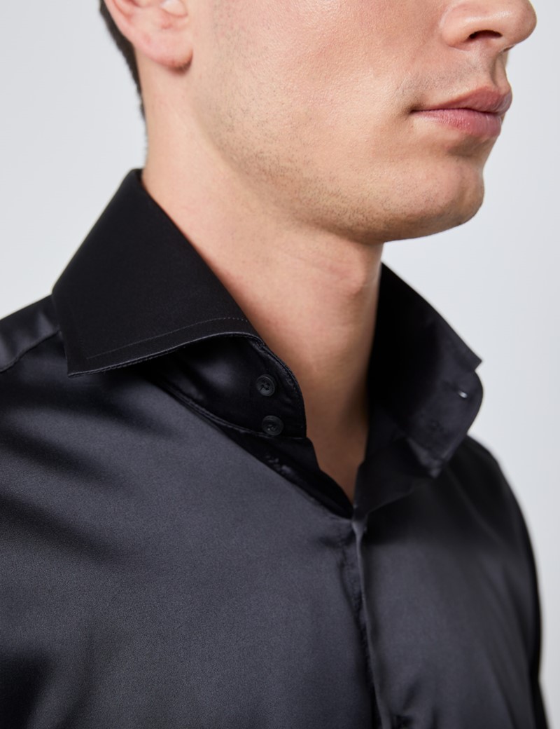 Men's Curtis Black Satin Slim Fit Shirt - High Collar - Single Cuff ...