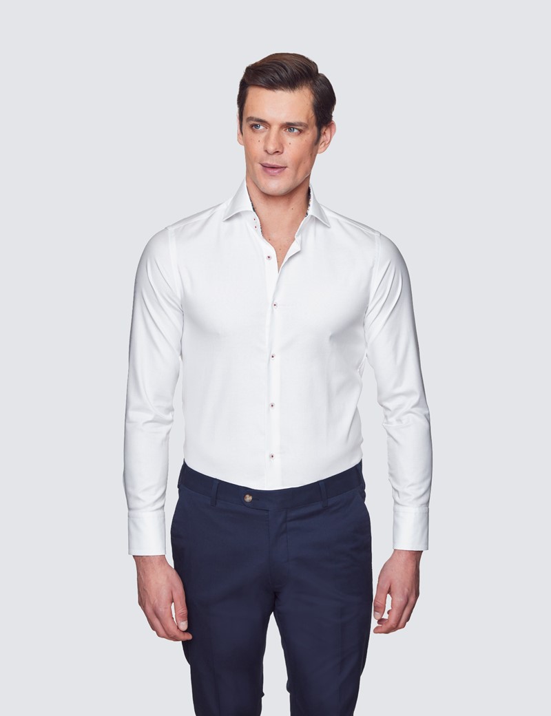 Curtis White Cotton Stretch Relaxed Slim Fit Shirt With Contrast Detail - High Collar