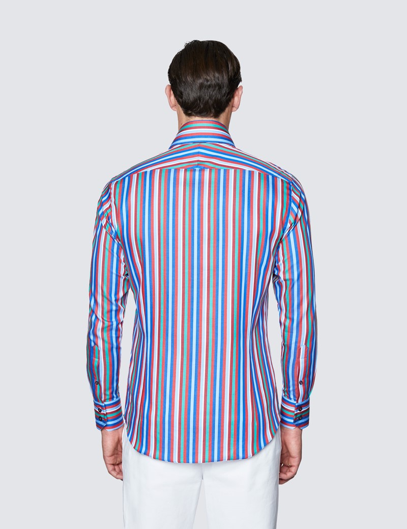 Men's Curtis Blue and Red Stipe Cotton Shirt - High Collar