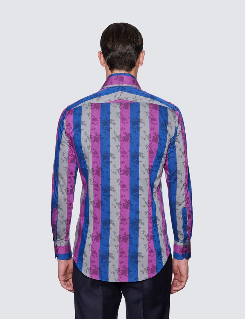 Men's Curtis Blue & Purple Dobby Stripe Relaxed Slim Fit Shirt - High Collar