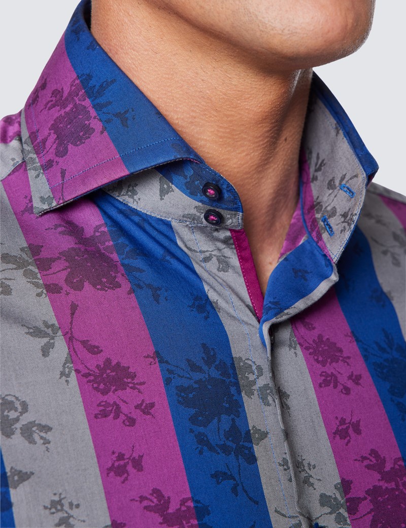 Men's Curtis Blue & Purple Dobby Stripe Relaxed Slim Fit Shirt - High Collar