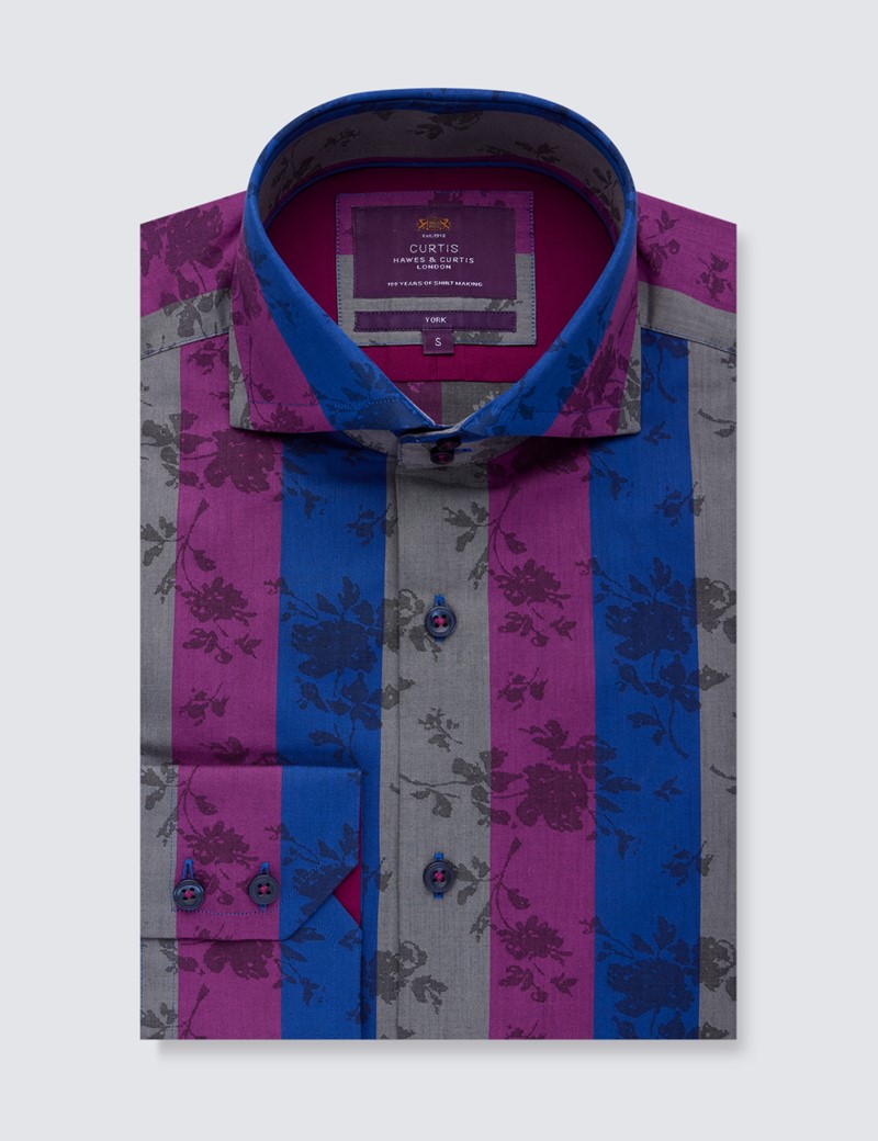 Men's Curtis Blue & Purple Dobby Stripe Relaxed Slim Fit Shirt - High Collar