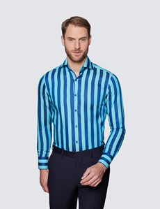 Men's Curtis Turquoise & Navy Bold Stripe Relaxed Slim Fit Shirt - High Collar