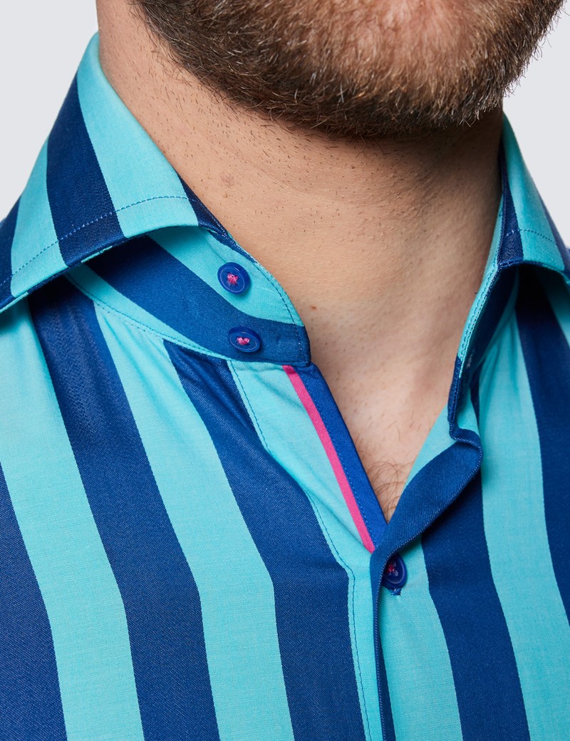 Men's Curtis Turquoise & Navy Bold Stripe Relaxed Slim Fit Shirt - High Collar