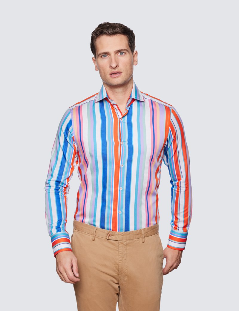 Men's Curtis White & Red Multi Stripe Relaxed Slim Fit Shirt - High Collar