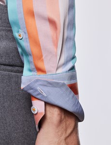 Men's Curtis Blue & Orange Multi Stripe Relaxed Slim Fit Shirt - High Collar