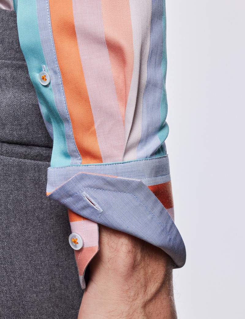Men's Curtis Blue & Orange Multi Stripe Relaxed Slim Fit Shirt - High Collar