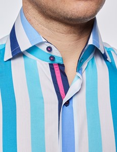 Men's Curtis White & Blue Small Stripe Relaxed Slim Fit Shirt - High Collar