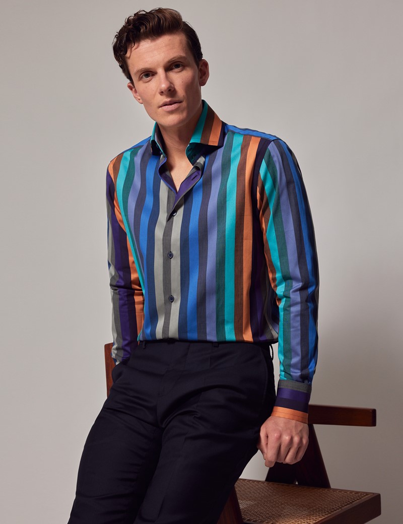 Men's Blue & Orange Stripe Slim Shirt With Contrast Detail High Collar