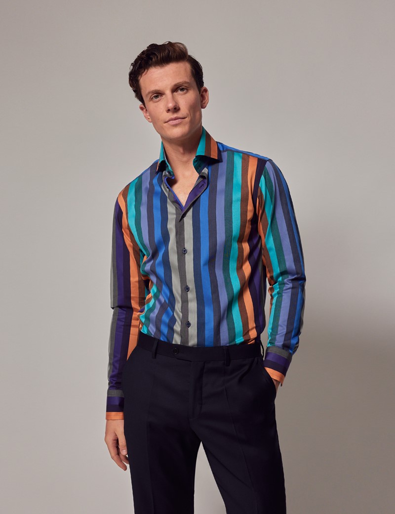 Men's Blue & Orange Stripe Slim Shirt With Contrast Detail - High Collar
