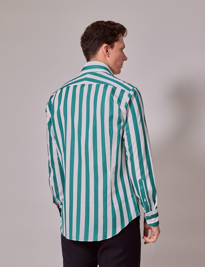 Men's Green & White Stripe Slim Shirt - Contrast Detail - High Collar ...