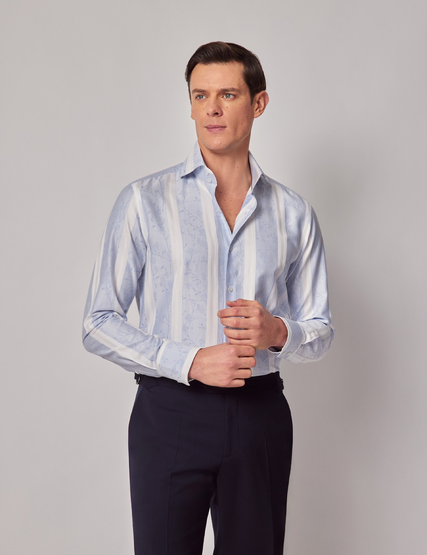 & Slim Fit Blue & Stripe Jacquard Shirt