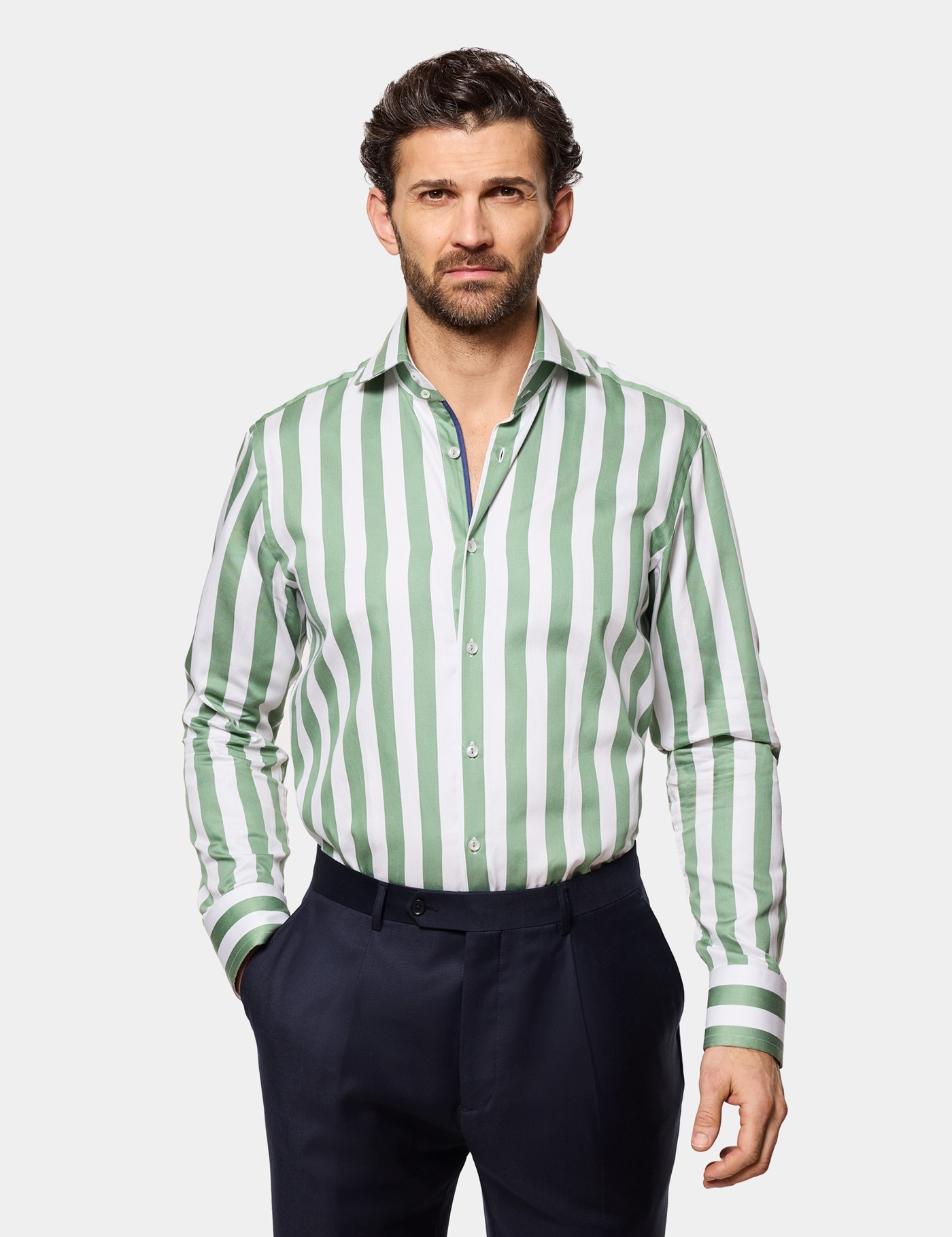 & Slim Fit Green & Large Bengal Stripe Shirt Long