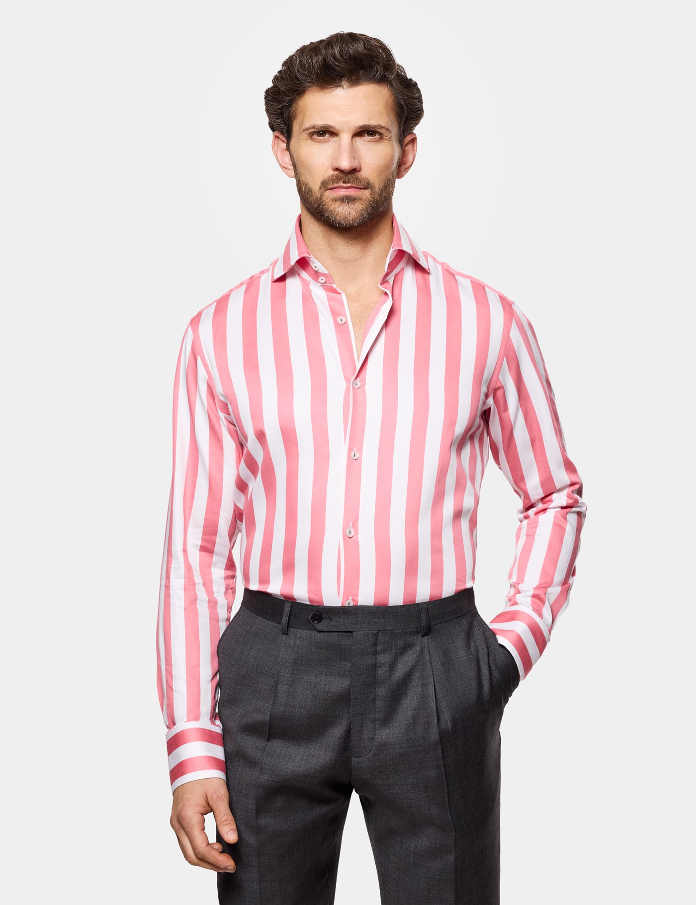 & Slim Fit Coral & Large Bengal Stripe Shirt Long