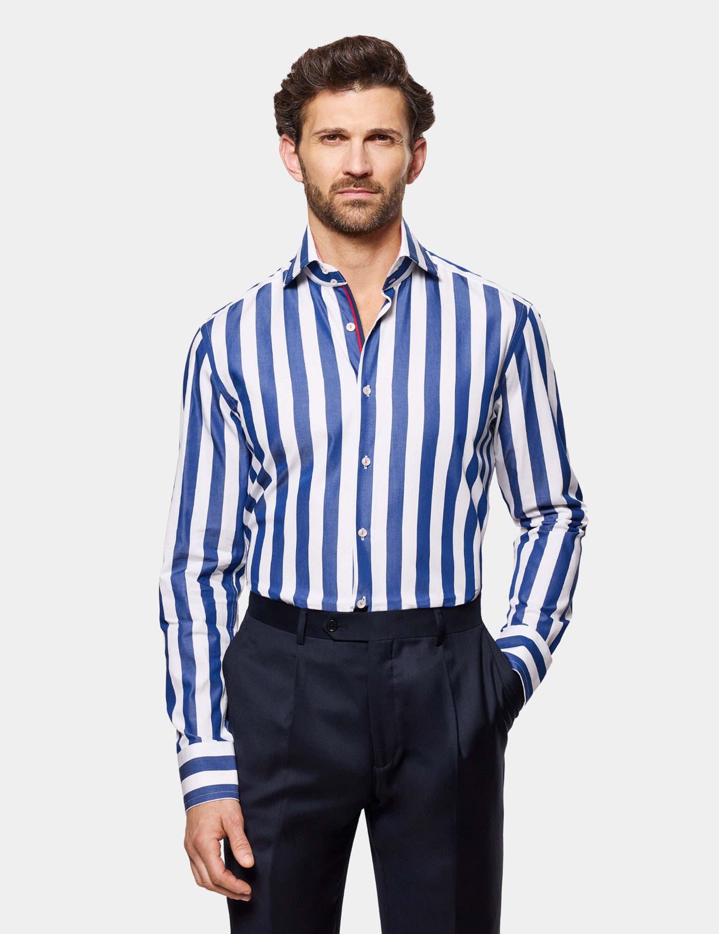 & Slim Fit Navy & Large Bengal Stripe Shirt Long