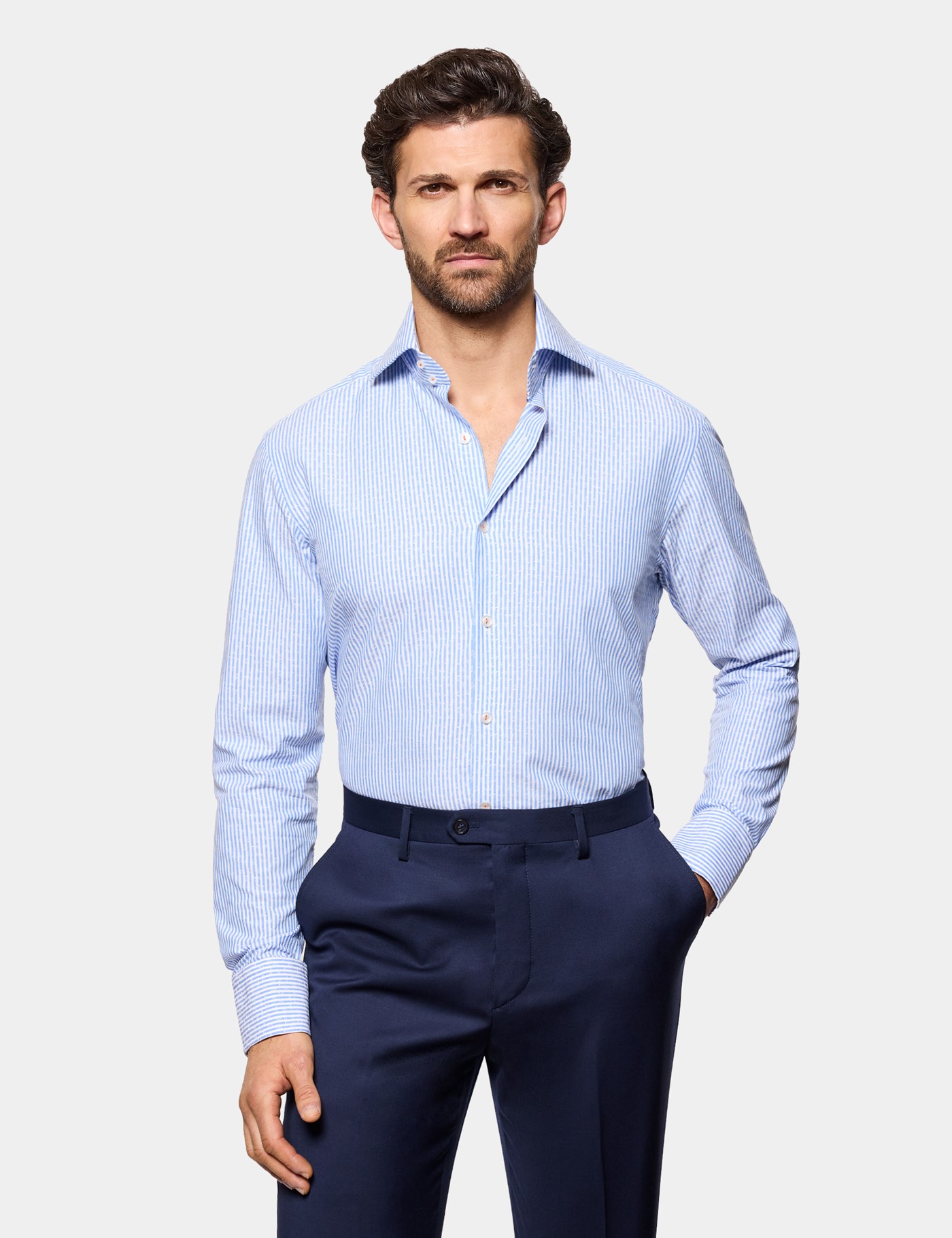 & Slim Fit Blue & Stripe Jacquard Shirt Long