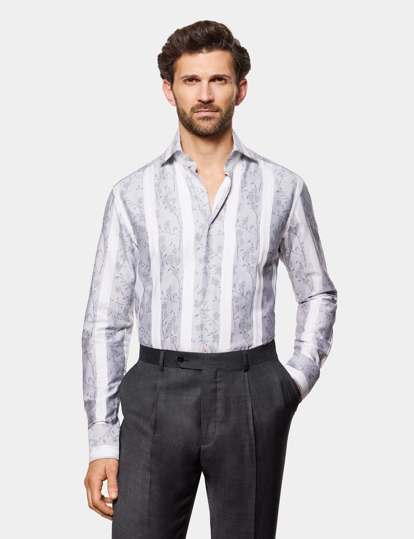 & Slim Fit Grey & Stripe Jacquard Shirt Long