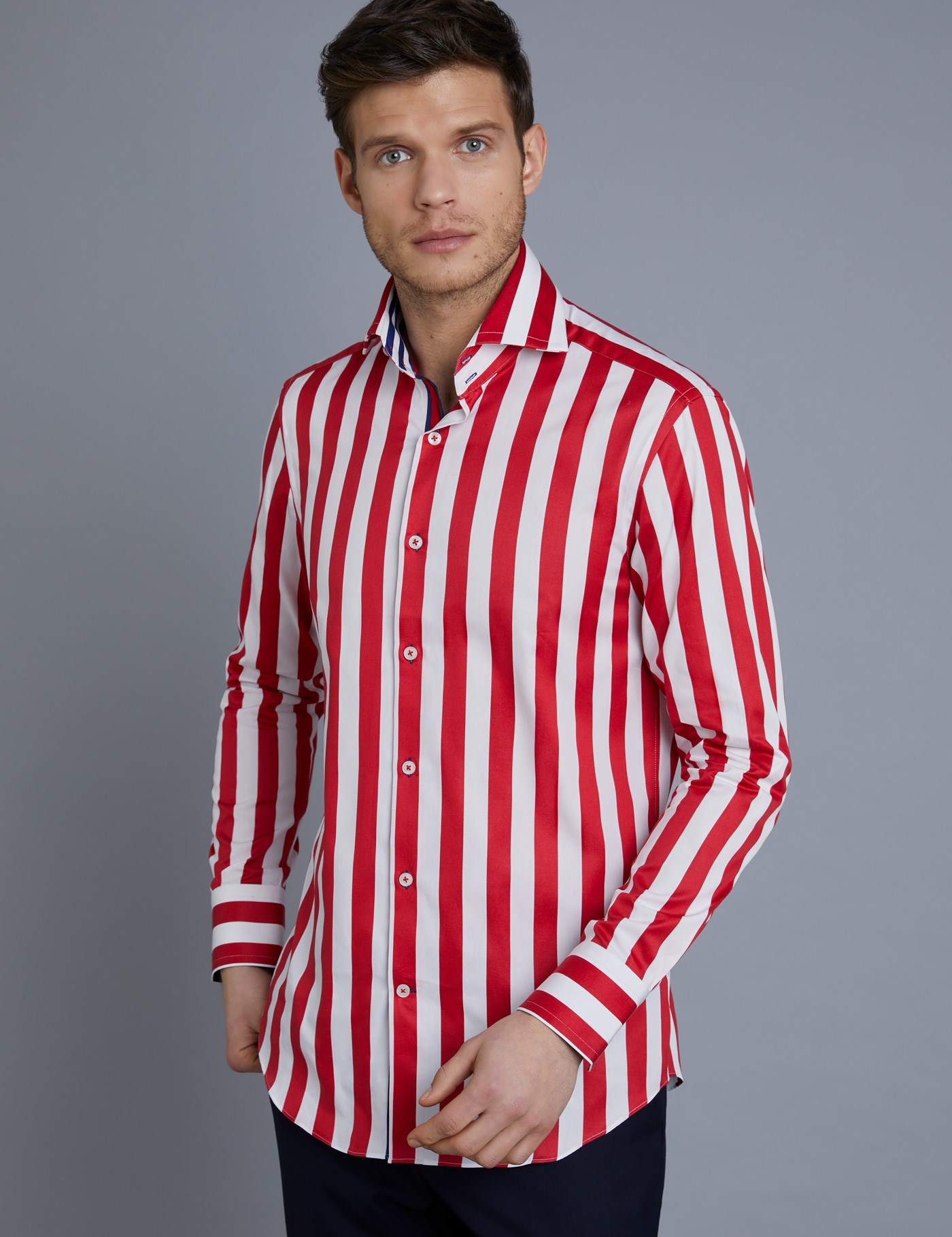 Men's Curtis Red & White Bold Stripe Slim Fit Shirt - High Collar