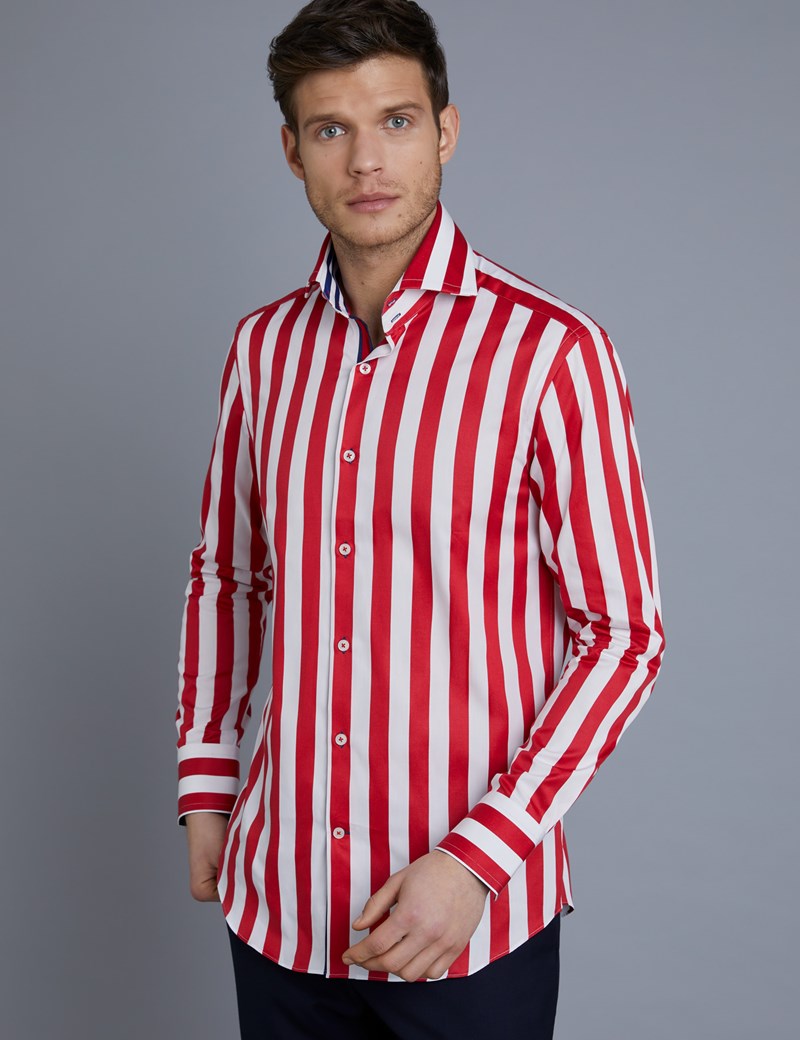 Men's Curtis Red & White Bold Stripe Slim Fit Shirt - High Collar ...