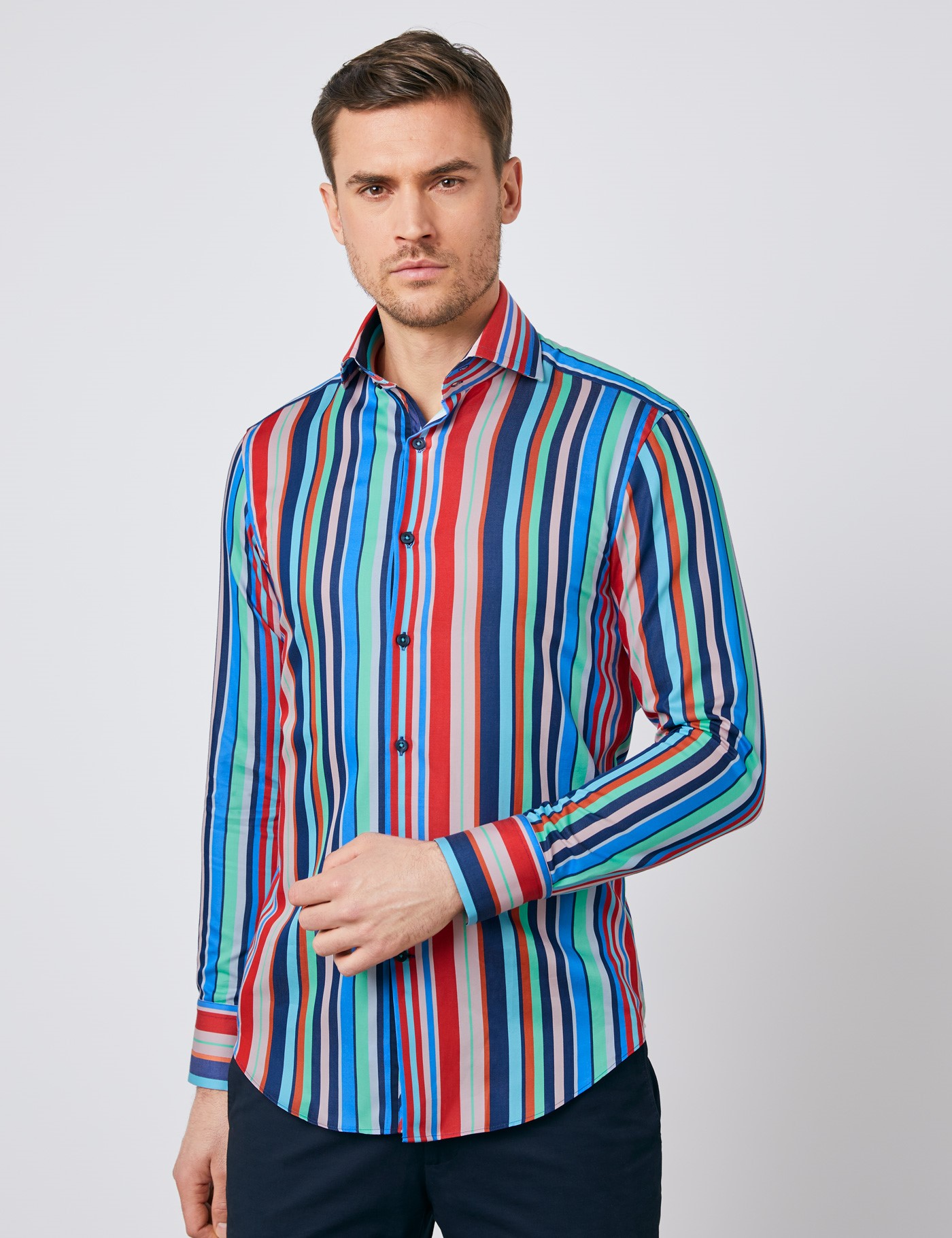 Men's Curtis Navy & Green Multi Stripe Slim Fit Shirt - High Collar ...