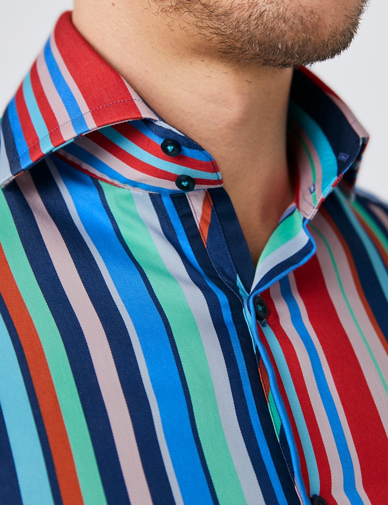 Men's Curtis Navy & Green Multi Stripe Slim Fit Shirt - High Collar ...
