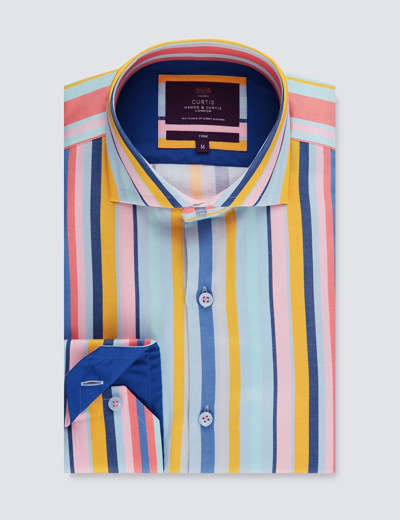 Multi Stripe Men's Slim Fit Curtis Shirt with High Collar and Single ...