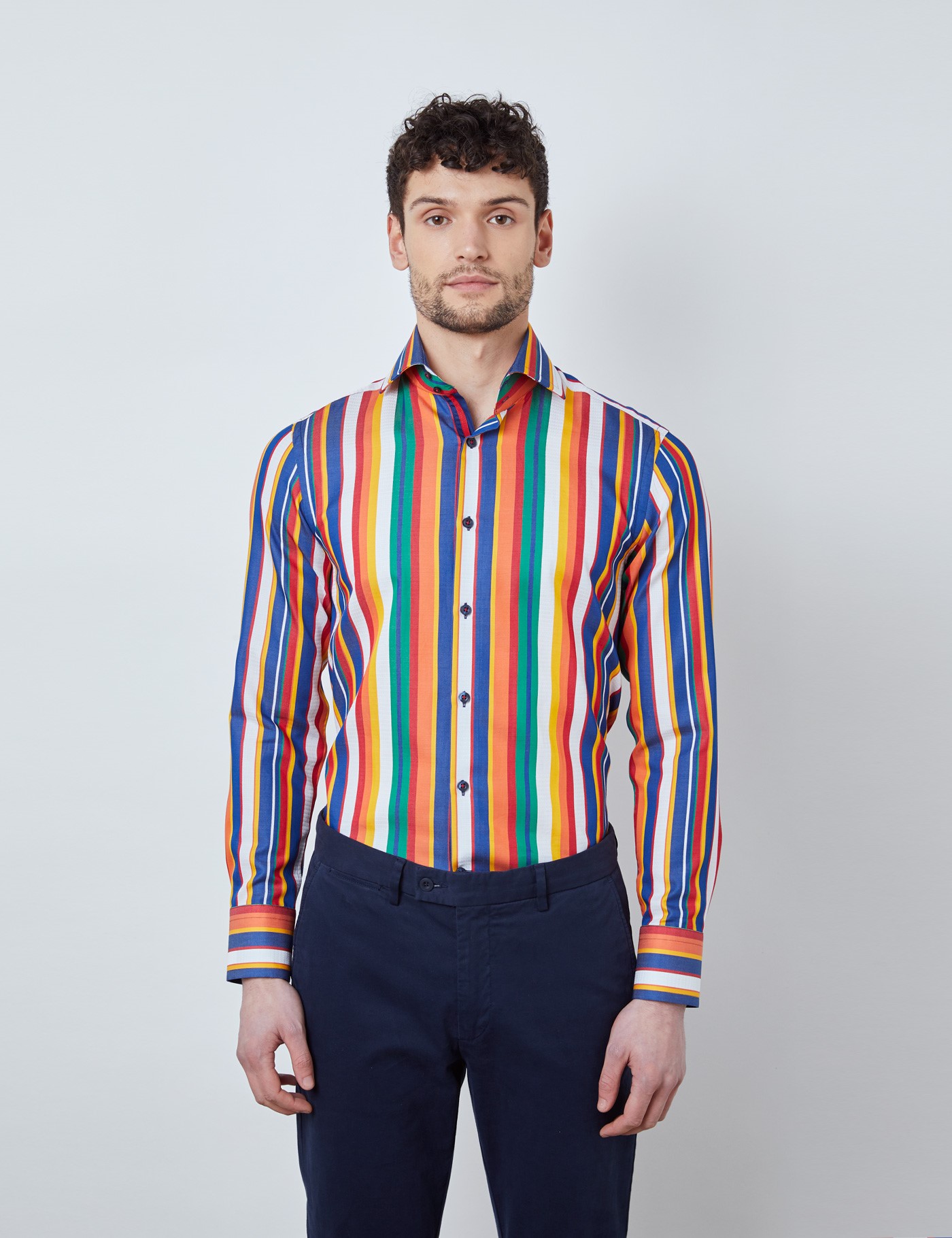 100% Cotton Men's Relaxed Slim Shirt with Multi Stripe in Blue & Orange ...