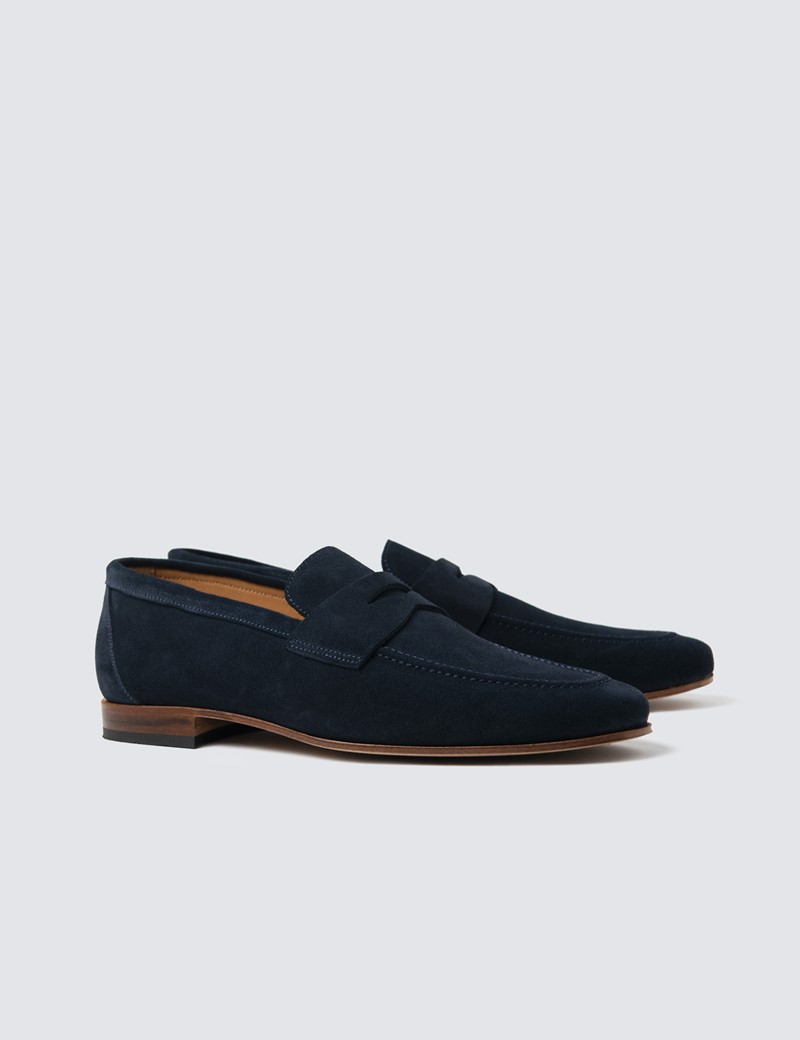 100% Leather Men's Suede Loafer in Navy | Hawes & Curtis | UK
