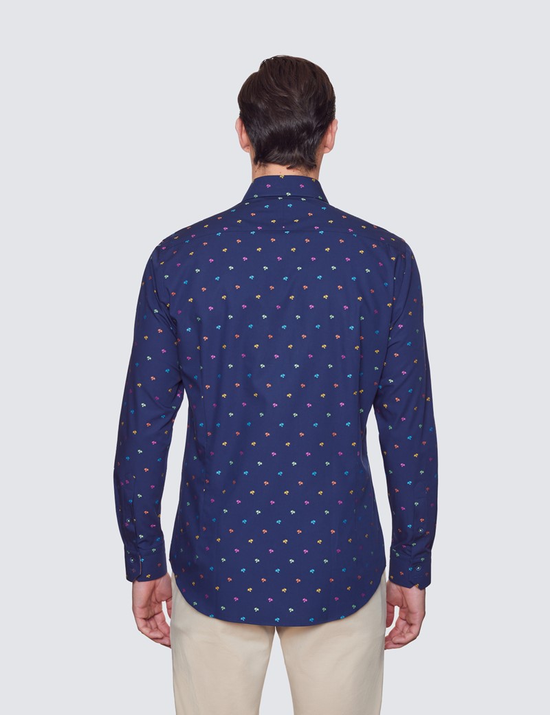 Curtis Navy & Green Dobby Palm Tree Relaxed Slim Fit Shirt - Low Collar
