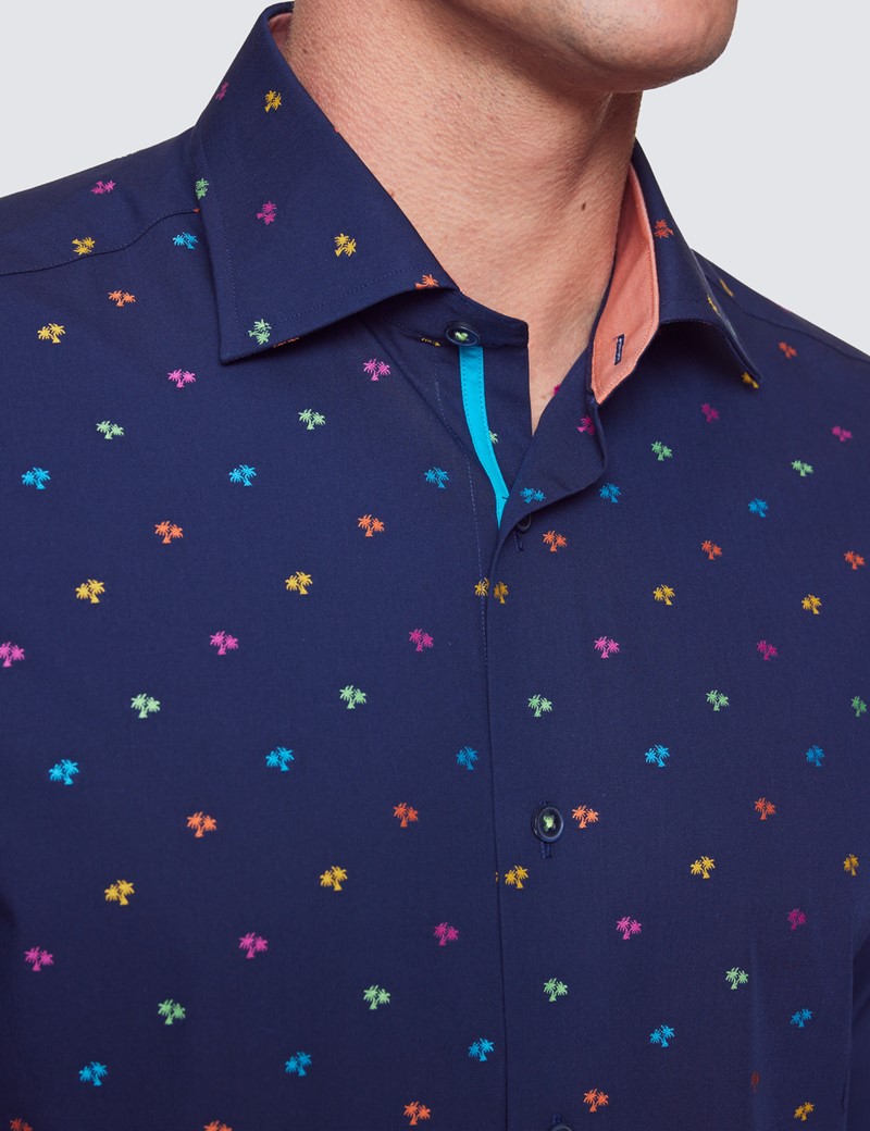 Curtis Navy & Green Dobby Palm Tree Relaxed Slim Fit Shirt - Low Collar