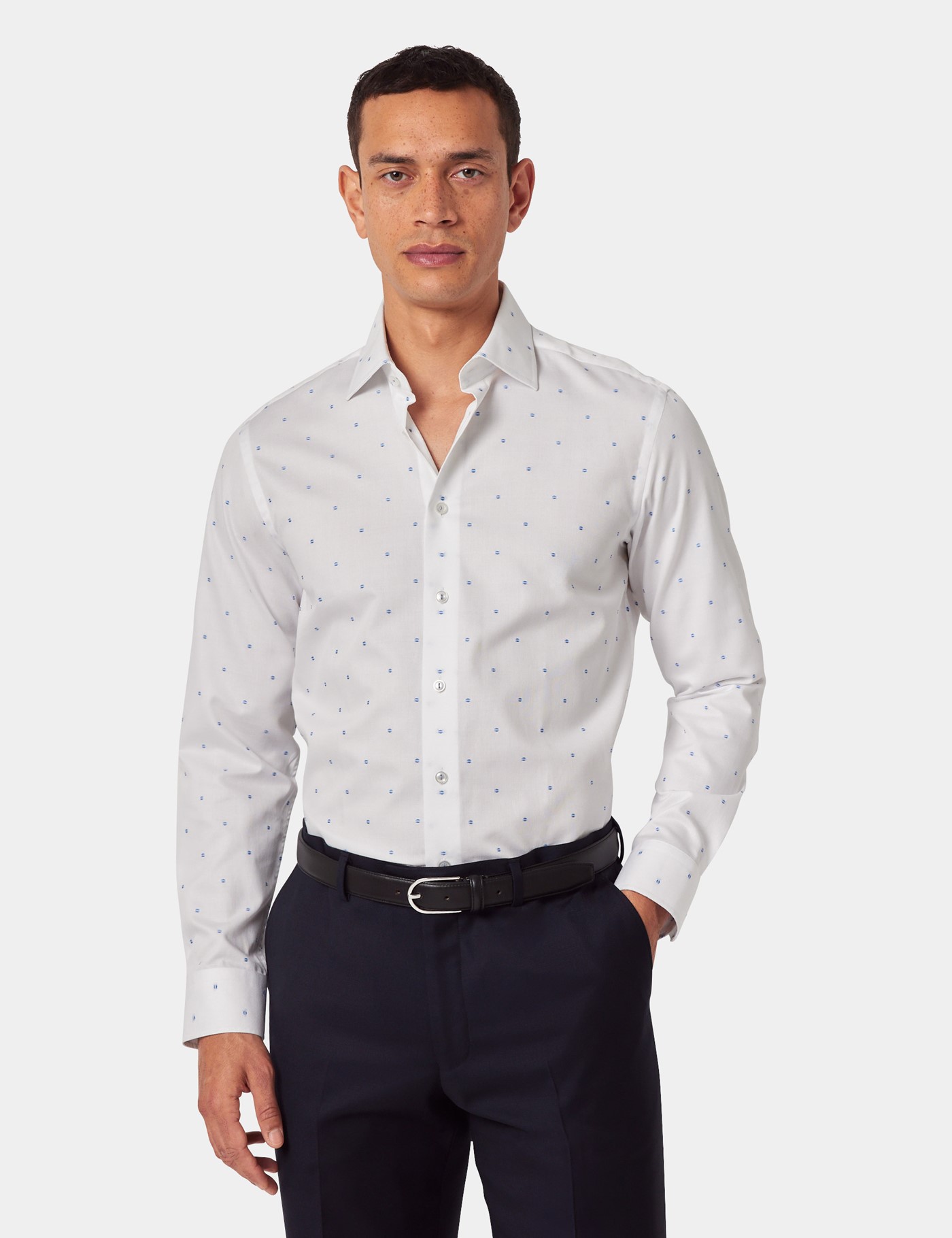 & Slim Fit & Blue Dobby Spot Shirt Long