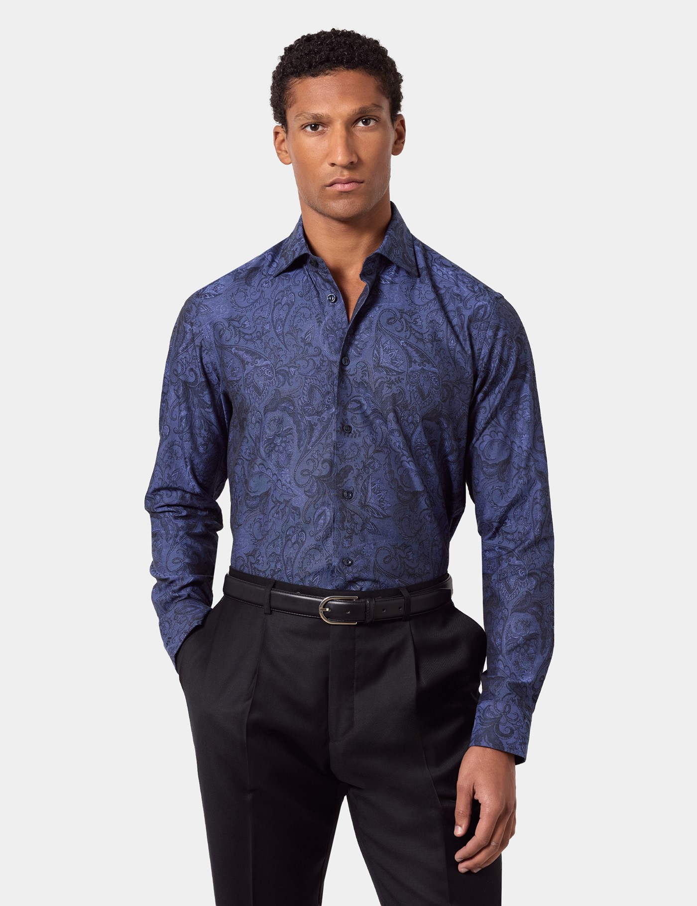 & Slim Fit Royal Blue Jacquard Paisley Shirt Long