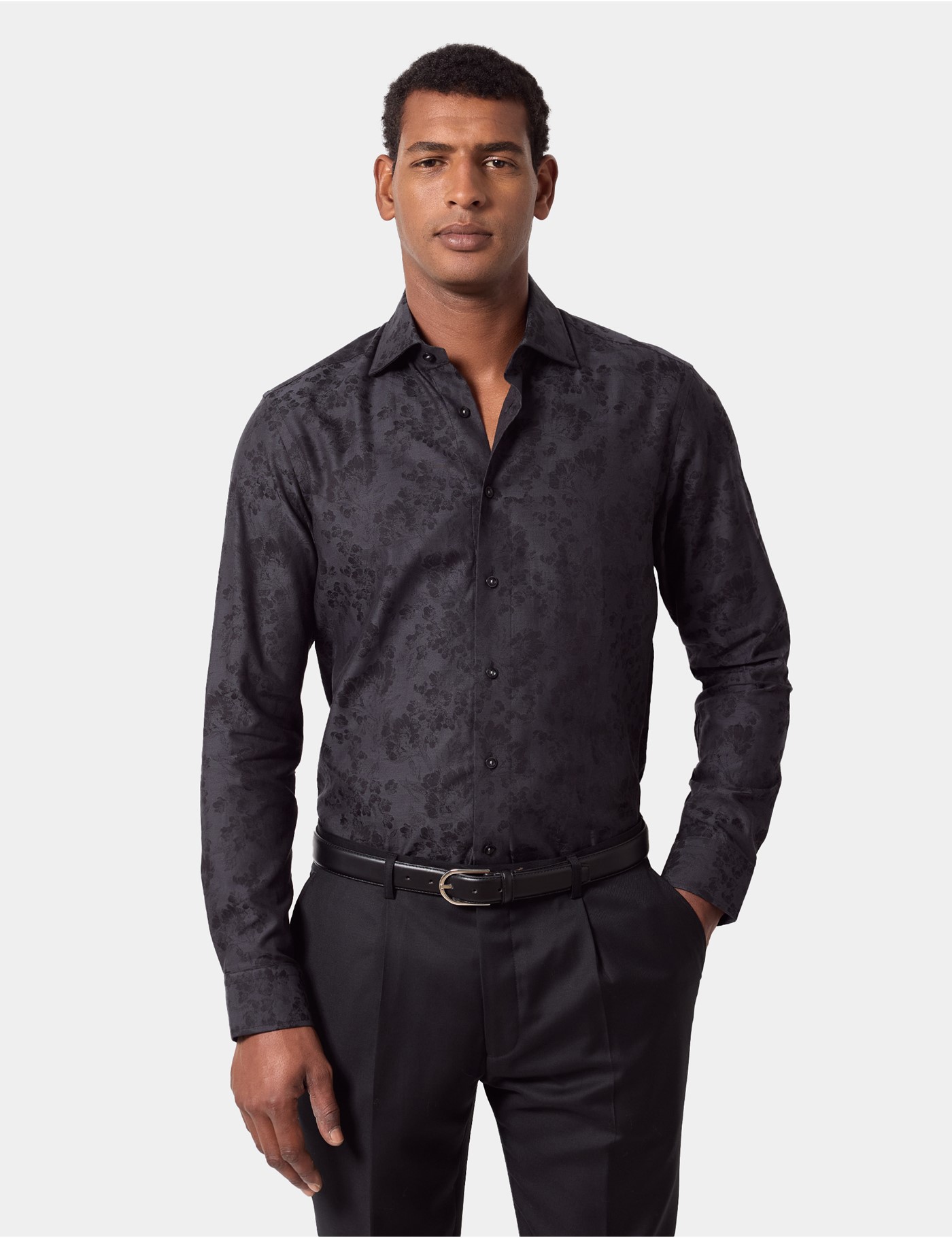 & Slim Fit & Grey Jacquard Floral Shirt Long