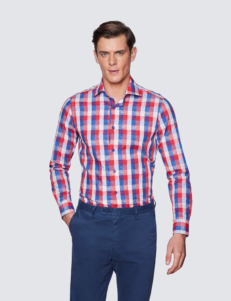 Men's Curtis Red & Blue Dobby Check Relaxed Slim Fit Shirt - Low Collar