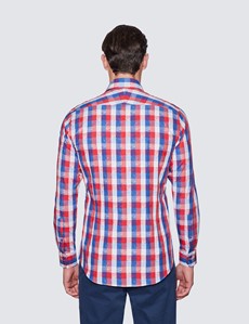 Men's Curtis Red & Blue Dobby Check Relaxed Slim Fit Shirt - Low Collar