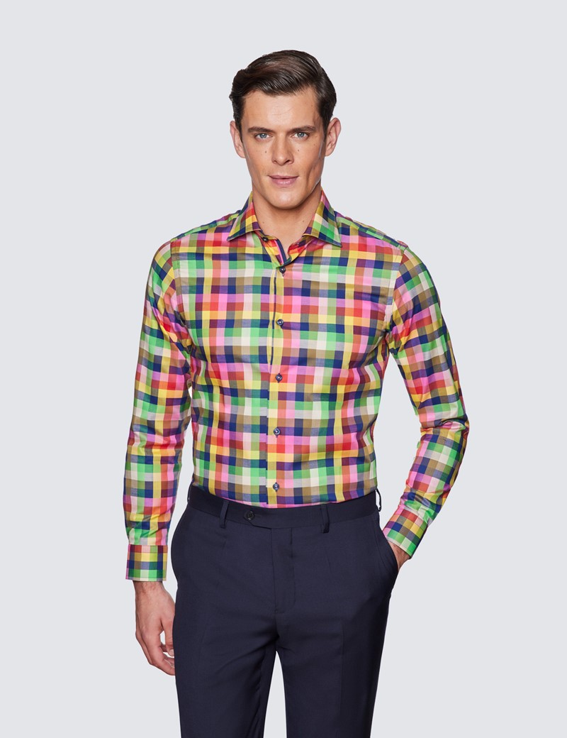 Men's Curtis Orange & Green Gingham Check Relaxed Slim Fit Shirt - Low Collar