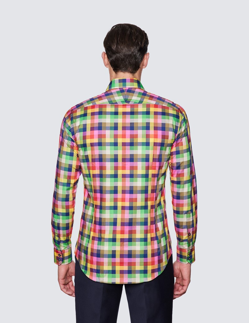 Men's Curtis Orange & Green Gingham Check Relaxed Slim Fit Shirt - Low Collar