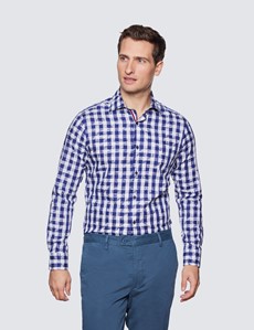 Men's Curtis Navy & White Check Relaxed Slim Fit Shirt - Low Collar