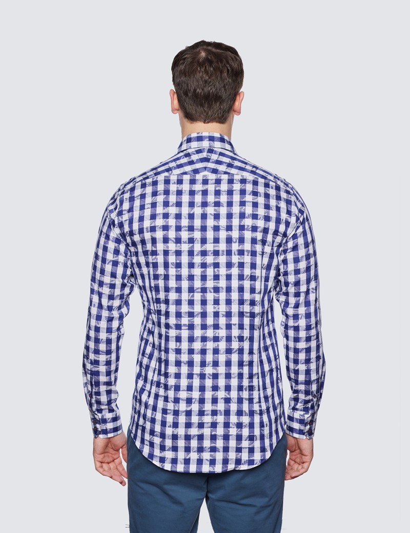 Men's Curtis Navy & White Check Relaxed Slim Fit Shirt - Low Collar
