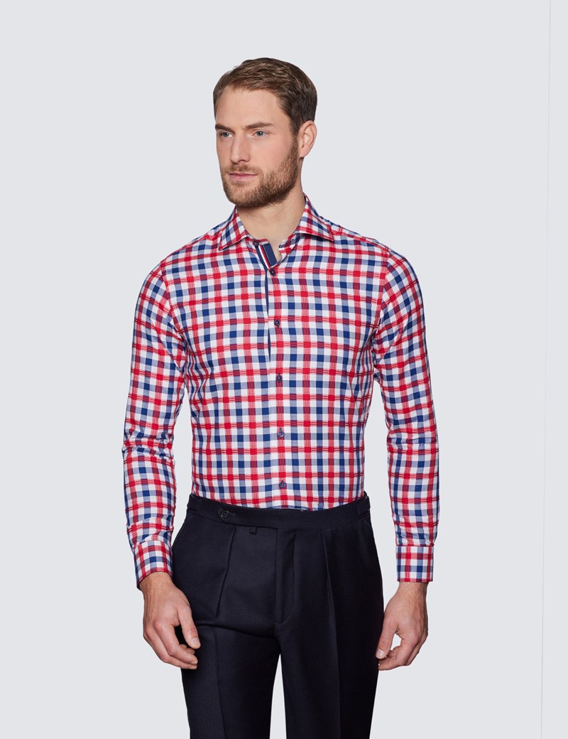 Men's Curtis Red & White Check Relaxed Slim Fit Shirt - Low Collar