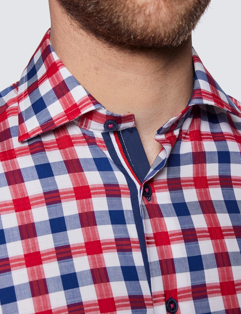 Men's Curtis Red & White Check Relaxed Slim Fit Shirt - Low Collar