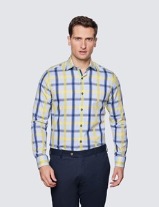 Men's Curtis Blue & Yellow Large Check Relaxed Slim Fit Shirt - Low Collar
