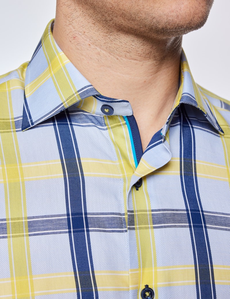 Men's Curtis Blue & Yellow Large Check Relaxed Slim Fit Shirt - Low Collar