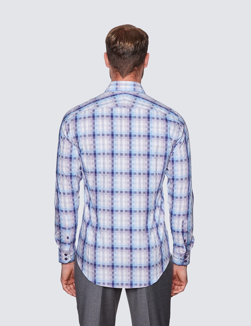 Men's Curtis Light Blue & White Small Check Relaxed Slim Fit Shirt - Low Collar