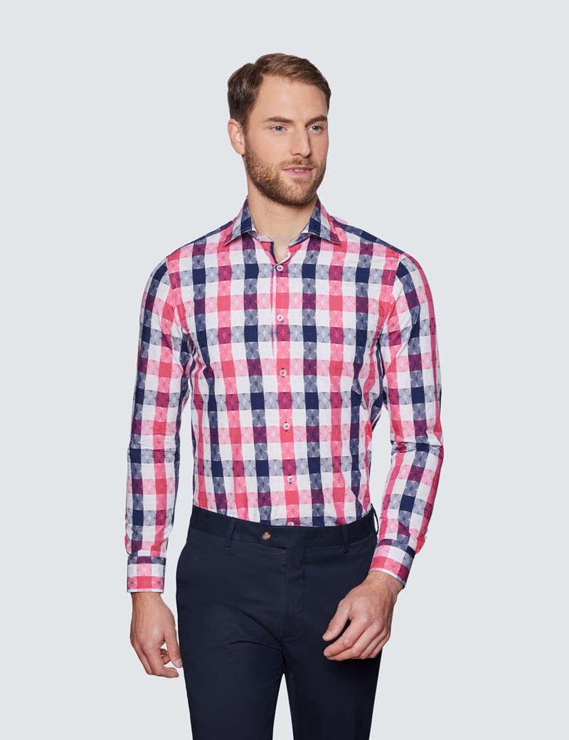 Men's Curtis Pink & White Medium Check Relaxed Slim Fit Shirt - Low Collar